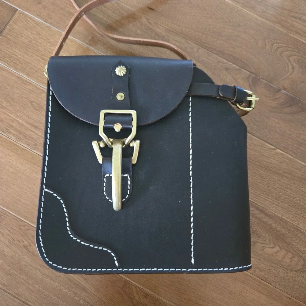 Tangent Linear Dark Brown Leather Crossbody Bag Brass Firemans Buckle Steampunk